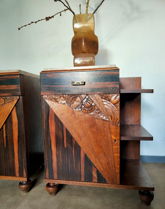 Image 1 of Art Deco bedside tables | Macassar style | marble top