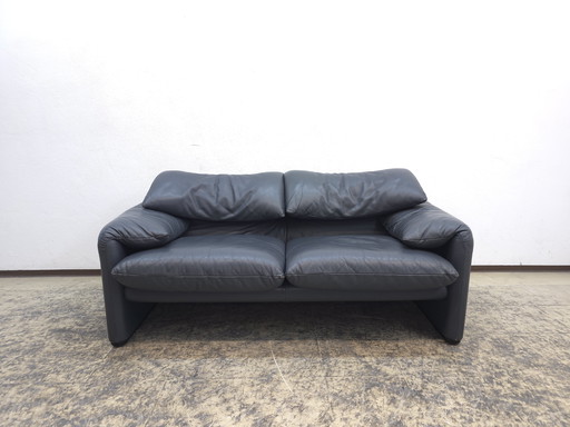 Cassina Maralunga two-seater designer sofa, leather sofa, couch, blue-grey, Magistretti
