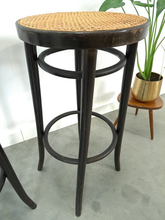 Image 1 of Set of 1950s wooden bar stools with webbing from France