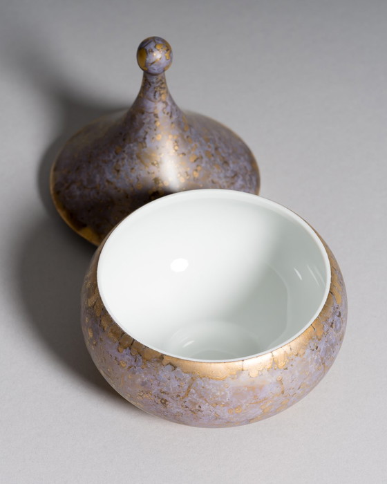 Image 1 of Exquisite Hand-Painted Helmut Drexler Porcelain Set of Five Vessels – Gold & Violet-Grey ‘Goldfeuer’ Series
