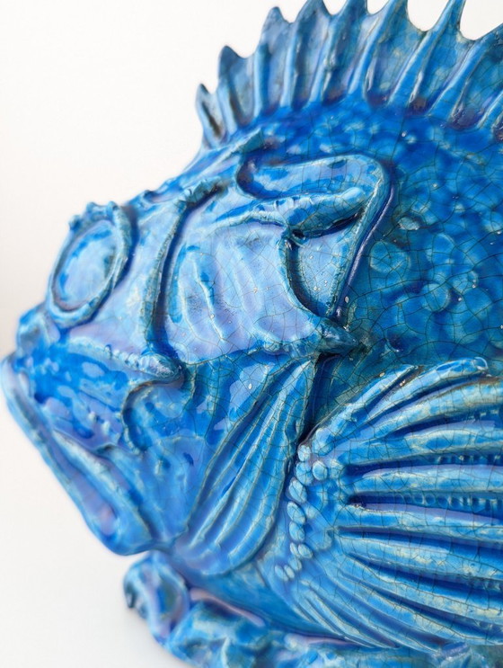 Image 1 of Art déco italien Guido Cacciapuoti Sculpture de poisson Scorfano émaillée bleue années 1930