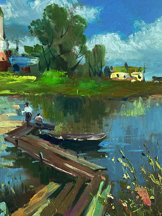 Original Oil Painting Impressionistic River Landscape Painting Bridge over the River, Paintings & Drawings (photo 9 of 11)