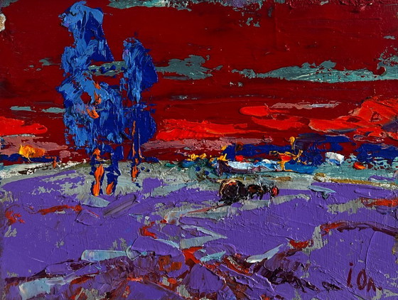 Image 1 of Original Oil Painting Sunset Village Landscape Crimson winter evening