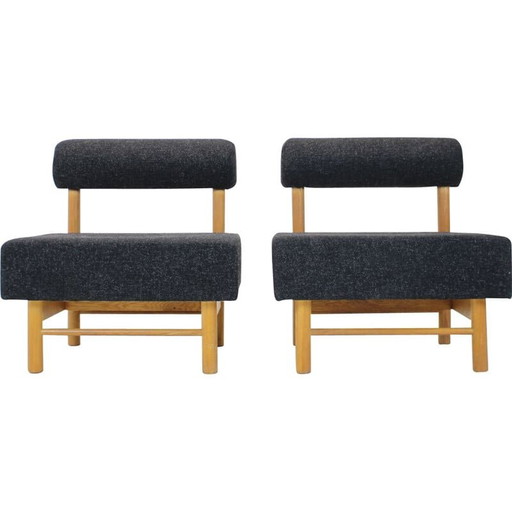 Paire de fauteuils vintage en bois et tissu, Tchécoslovaquie 1970