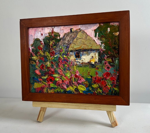 Original Oil Painting Summer Flowers Landscape Mallows are blooming in the garden