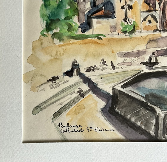 Image 1 of Originele aquarel van de kathedraal van Toulouse, Frankrijk – Françoise Grassin, 1956