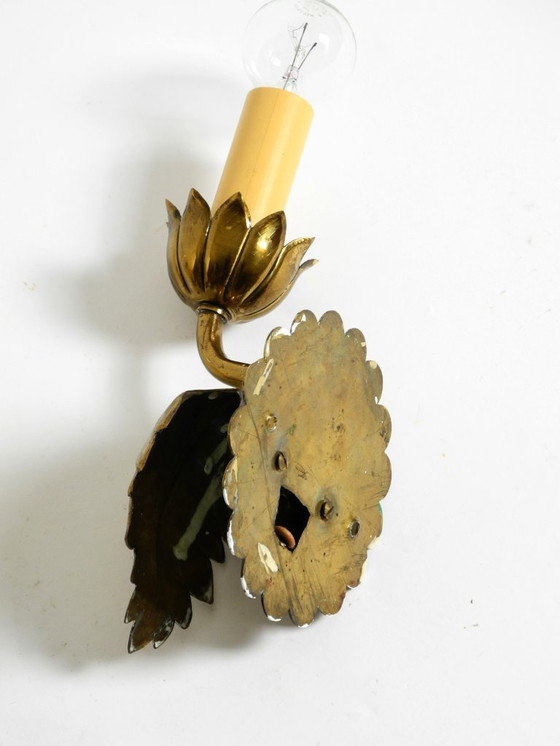 Image 1 of Two beautiful original Mid Century Modern floral wall lamps made of brass with high-quality lampshades