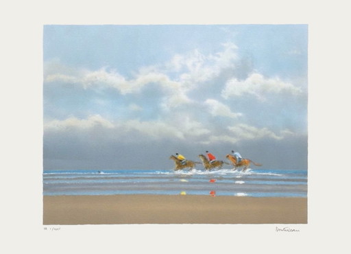 Pierre DOUTRELEAU Prima galoppata a Deauville I Litografia firmata 1990