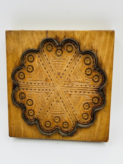 Moule Ancien à Massepain en Bois Sculpté 6 Cœurs Artisanat Traditionnel
