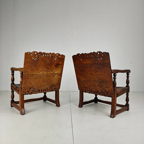 Pair of English Antique Jacobean Monk Armchairs / Tables by F. Parker & Sons Ltd – Wood, Leather (photo 15 of 16)