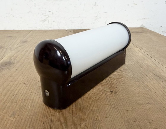 Image 1 of Industrial Brown Bakelite Wall Light with Milk Glass, 1950s