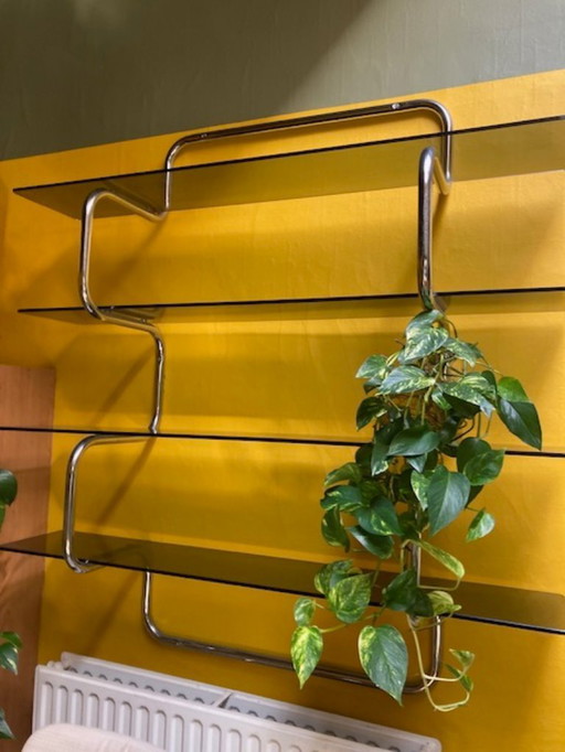 Vintage wall rack in chrome and glass