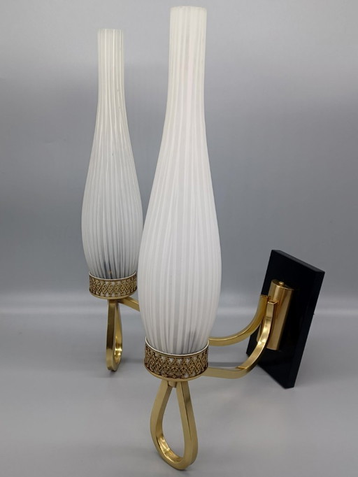 Brass and opaline glass wall sconce from the 1950s by Maison Lunel