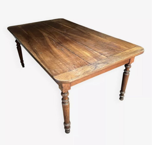 Grande table de ferme ancienne en bois massif – style rustique XIXe – pieds tournés - 181x100m