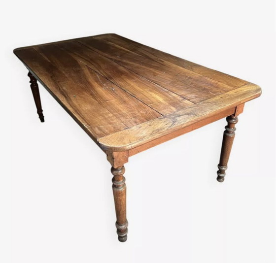 Image 1 of Grande table de ferme ancienne en bois massif – style rustique XIXe – pieds tournés - 181x100m