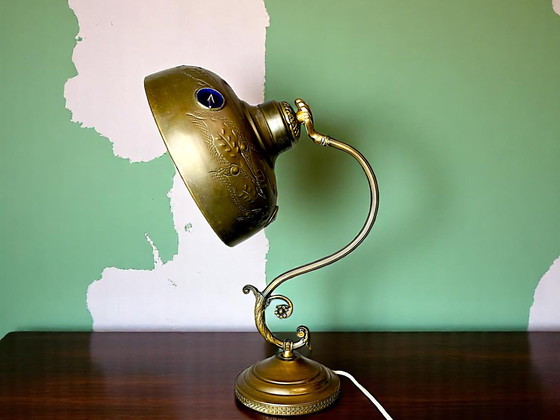 Image 1 of Art Deco Vintage Ornate Brass Table Lamp with Blue Glass Inserts, 1930s