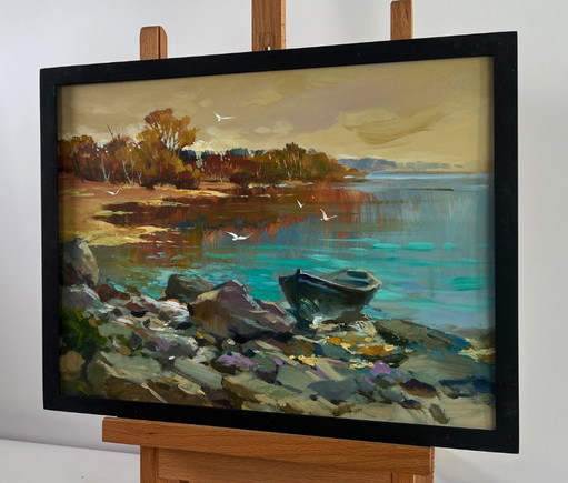 Original Oil Painting Autumn Coastal Landscape Birds fly over the river