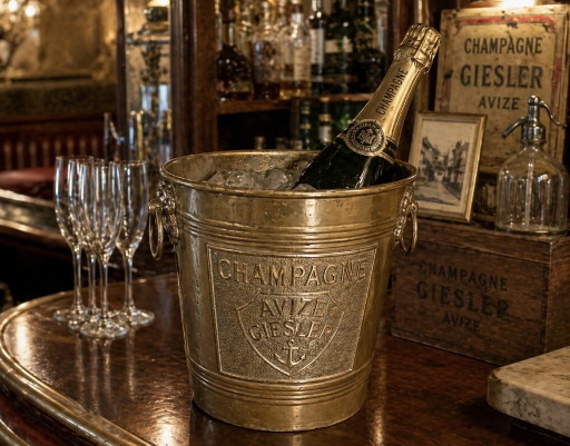 Antiker französischer Champagnerkühler „Champagne Avize Giesler“ – Messing-Eiskübel, Art-déco-Zeit