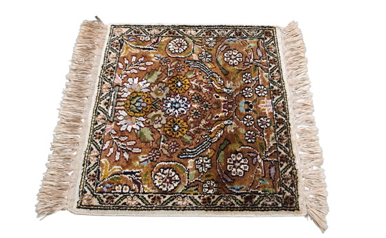 Image 1 of Handgeknoopt oriental zijde Kashmir tapijt mini square Birds 39x39cm