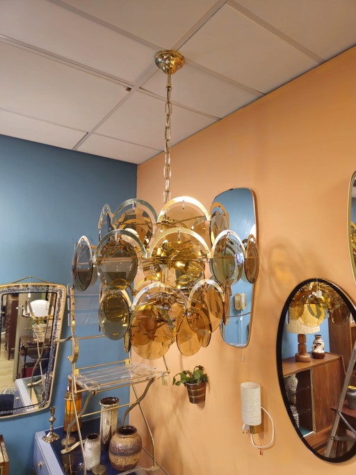 Große Vintage-Hängeleuchte aus Rauchglas mit 15 Fassungen, Kronleuchter-Deckenleuchte – hanglampen, Brass, Metal