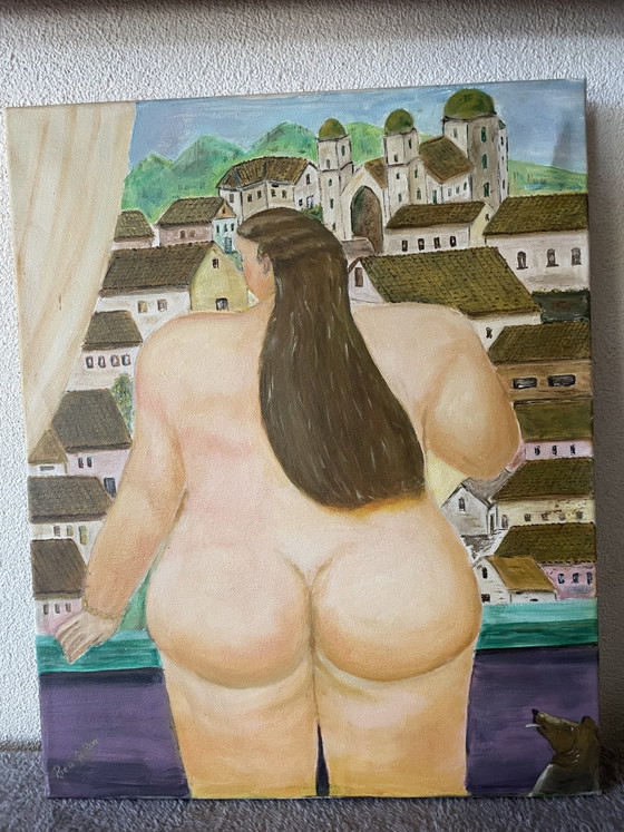 Image 1 of Magnifique toile représentant une femme nue avec un petit chien, selon Rubens, signée par un artiste célèbre.