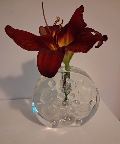 Vintage soliflore vase made of thick block glass, produced by the German manufacturer Walther Glas
