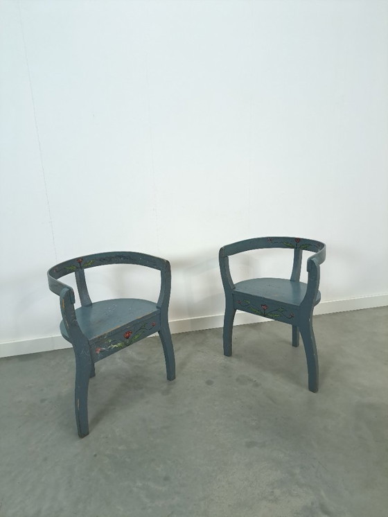 Image 1 of Old wooden blue set of chairs with flowers from Sweden
