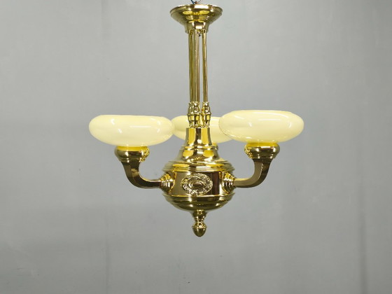 Image 1 of Neoclassical Art Deco Brass Chandelier, Czechoslovakia, 1930s