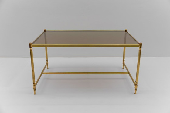 Image 1 of Tavolino da caffè quadrato in vetro dorato e fumé in stile Chiavari, anni '70