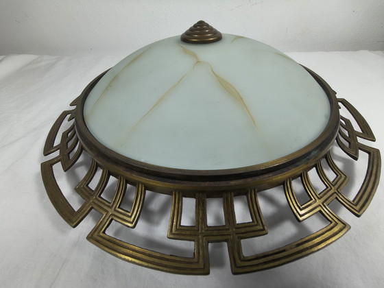 Image 1 of Vintage ceiling lamp with glass shade and metal frame