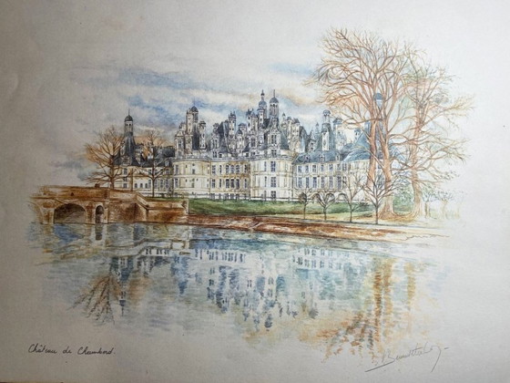 Image 1 of Mixed media, pencil, watercolor, Chambord Castle, art, France, painting, framed