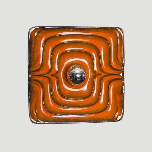 Vintage square orange wall lamp. Ceramic Pop Art wall lamp. Germany, 1960s. Space Age. Repair to the back.