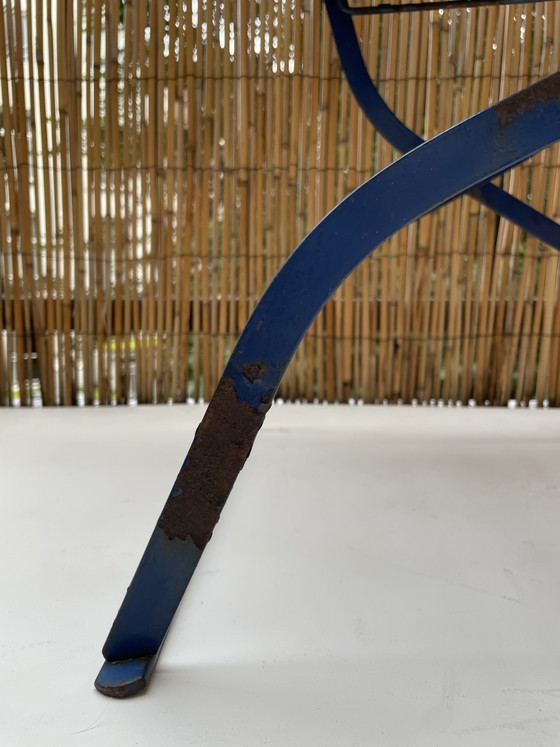 Image 1 of Vintage wooden bistro folding chair – blue metal frame