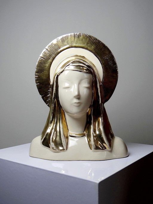 Buste Vierge auréolée céramique émaillée artisanat vintage/ancien