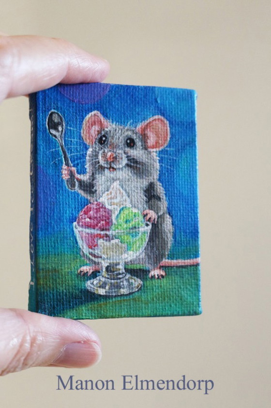 Image 1 of Hand-painted Small Painting Mouse with Ice Cream 7x5 cm