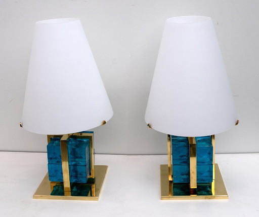 Paar hedendaagse Murano glas en messing tafellampen