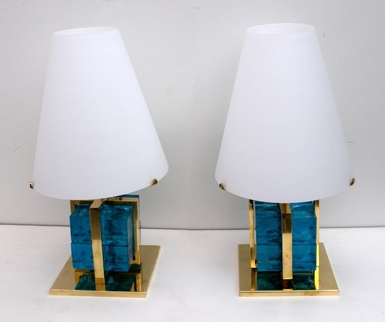 Image 1 of Ein Paar zeitgenössische Tischlampen aus Muranoglas und Messing