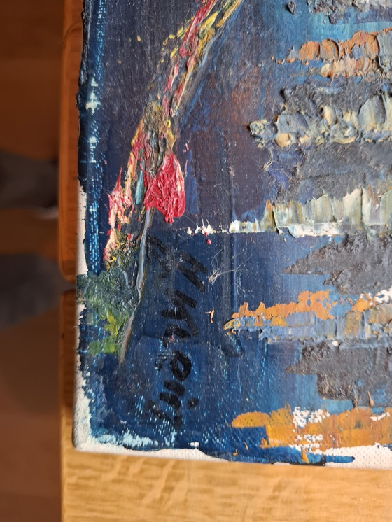 Image 1 of Schilderij stadsgezicht in de avond.