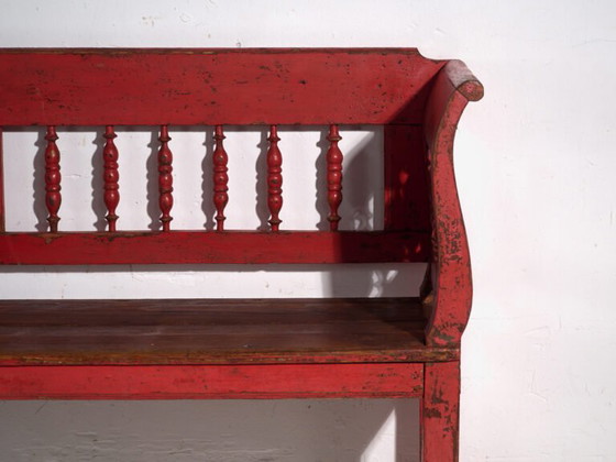 Antique red painted pine bench with turned back – Central Europe, circa 1900 – Benches, Rustic (photo 32 of 40)