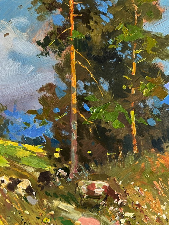 Image 1 of Peinture à l'huile originale, paysage d'été, vaches se promenant dans la nature