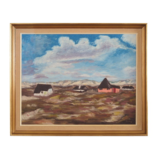 Peinture "Le village dans les nuages", design scandinave, années 1970