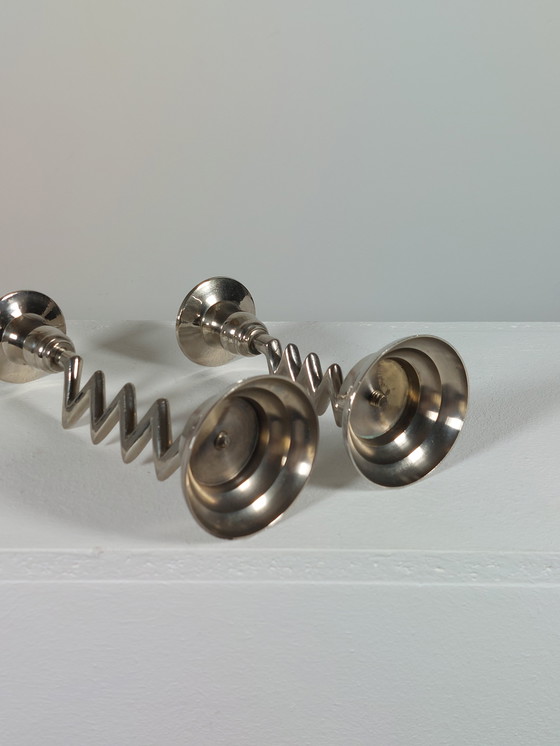 Image 1 of Coppia di candelieri vintage di design, decoro a zigzag, cromati, stile Memphis, anni '80