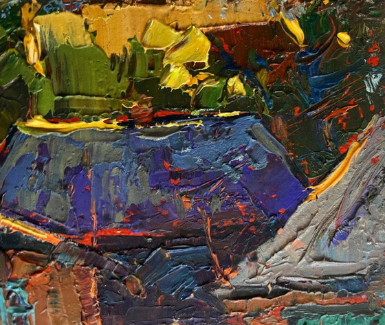 Image 1 of Original Oil Painting Evening Village Landscape Evening silence in the village