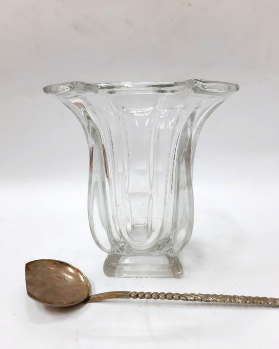 Image 1 of Secchiello per il ghiaccio vintage con cucchiaio; ciotola per il ghiaccio in vetro trasparente pesante