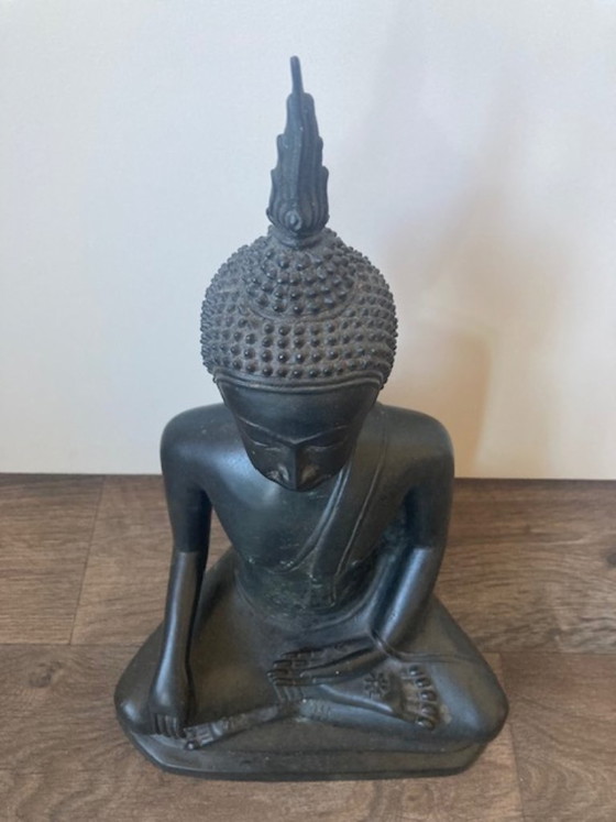 Image 1 of Thai bronze seated Buddha sculpture, earth-touching gesture. 