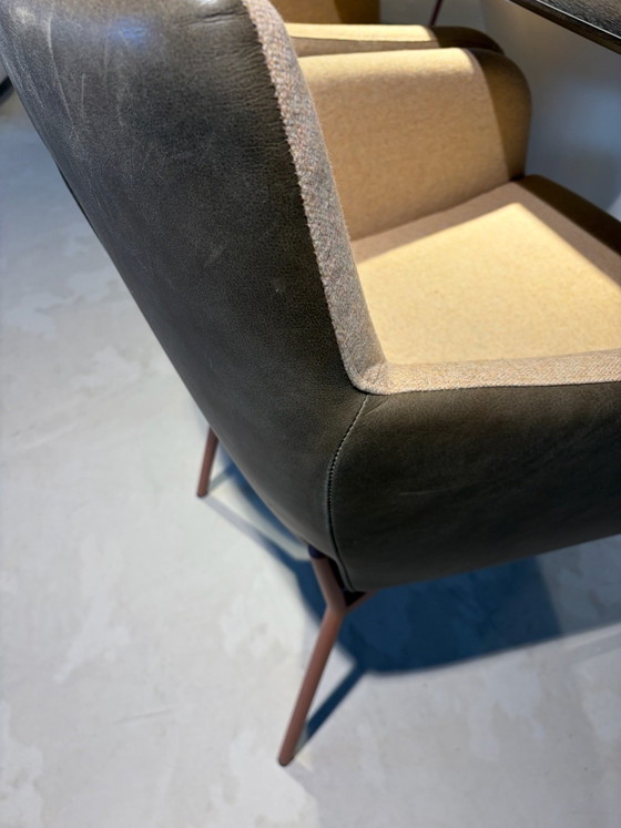 Set von 6 Dreto Melchior Interieur Esszimmerstühlen – Leder, Stoff, Modern (photo 3 of 8)