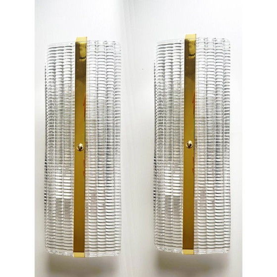 Image 1 of Set van 2 moderne rechthoekige wandlampen van goudkleurig Murano-glas met strass-steentjes.