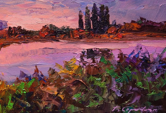 Original Oil Painting Evening City Landscape Sunset Over the River – Paintings & Drawings, Canvas (photo 7 of 7)