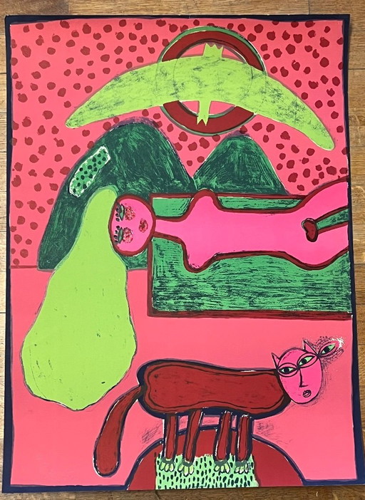 Signed; Guillaume Corneille Grande Lithographie Le Visage De Chat 1974 E/A