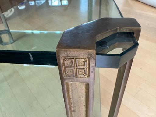 Tavolino da caffè vintage in vetro Peter Ghyzhi con gambe in ottone